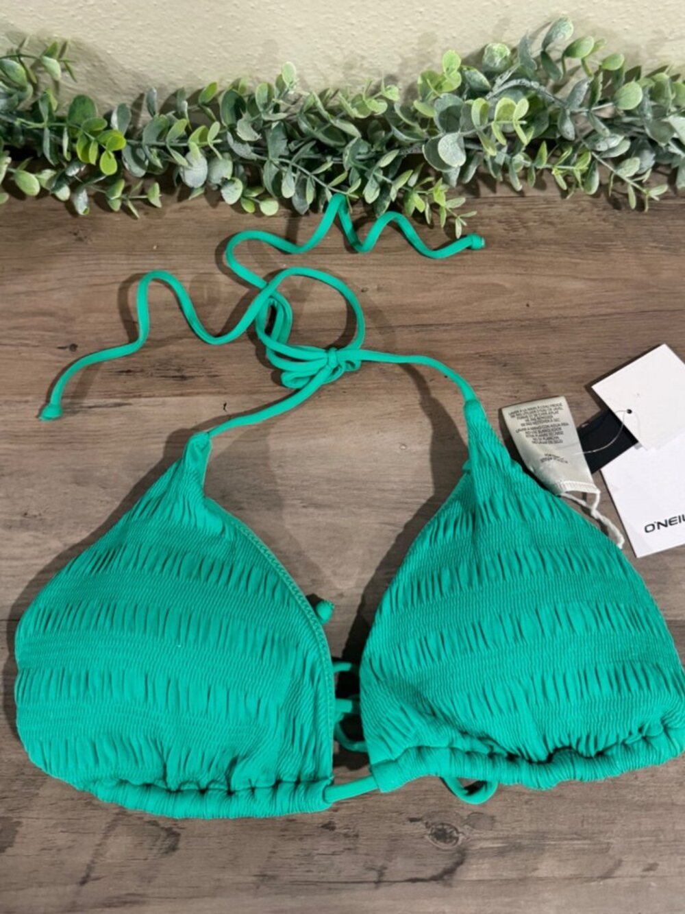 NWT O'Neill Saltwater Solids Smocked Triangle Bikini Top Green Size Large